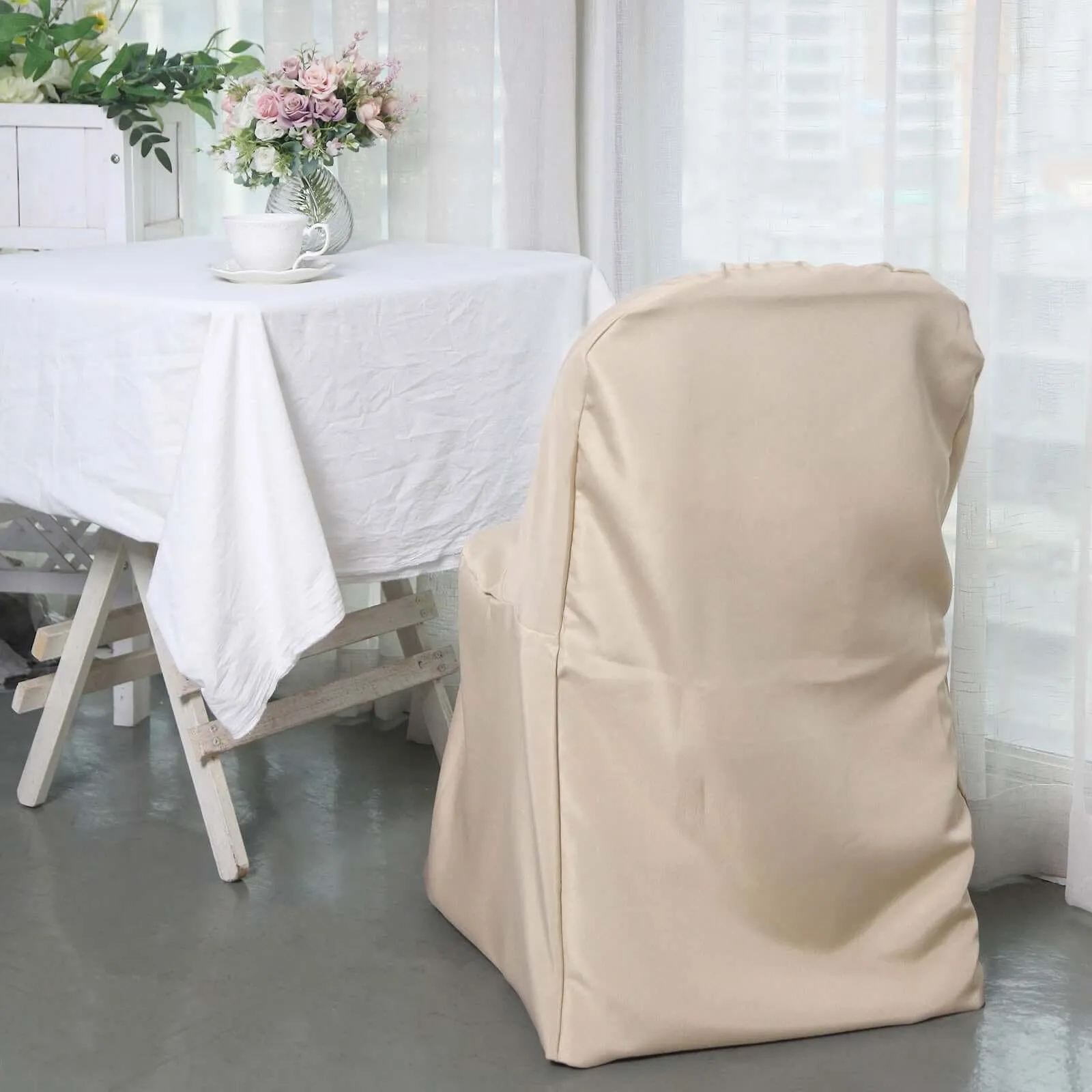 10 Pack Nude Polyester Folding Chair Covers, Reusable Stain Resistant Slip On Chair Covers