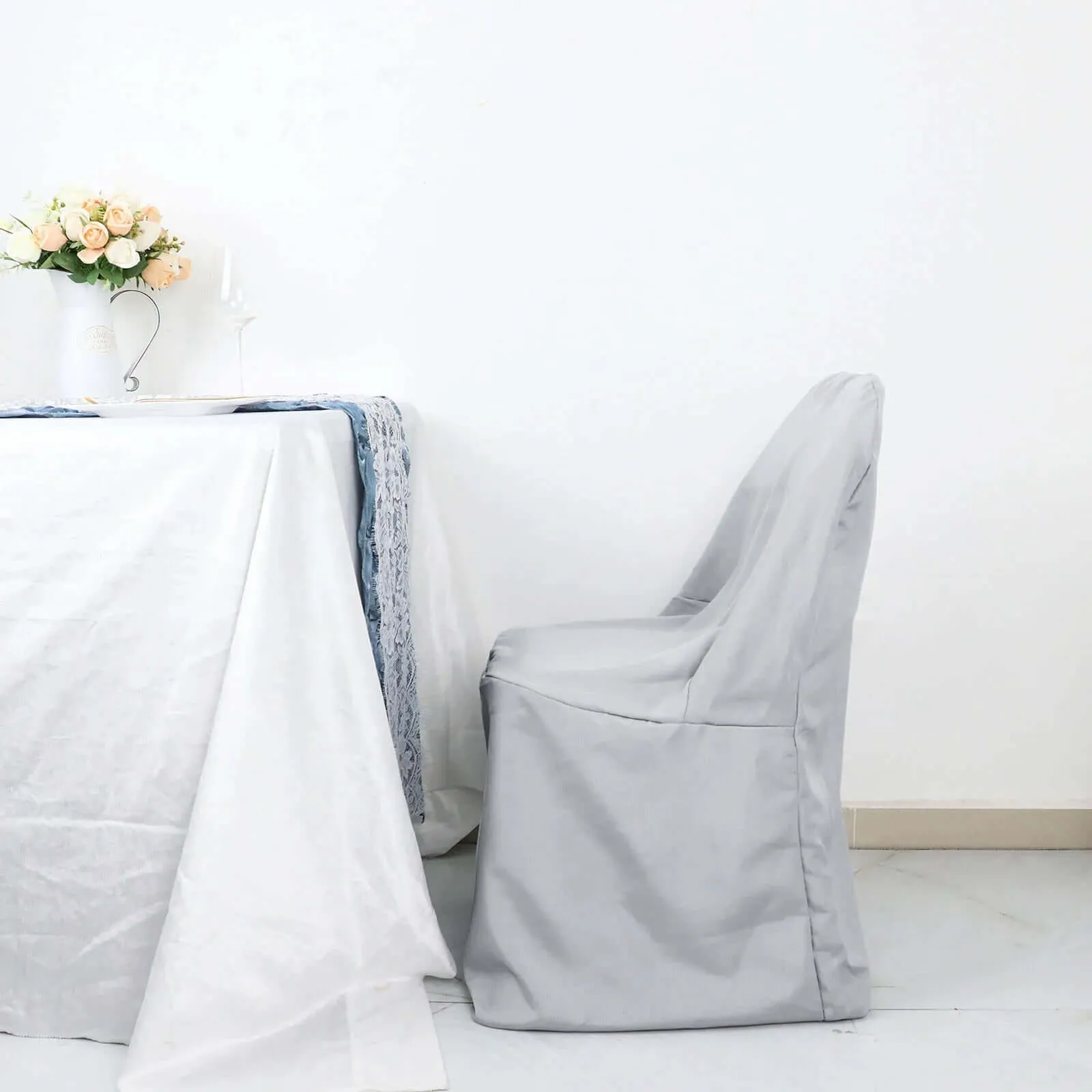 10 Pack Silver Polyester Folding Chair Covers, Reusable Stain Resistant Slip On Chair Covers