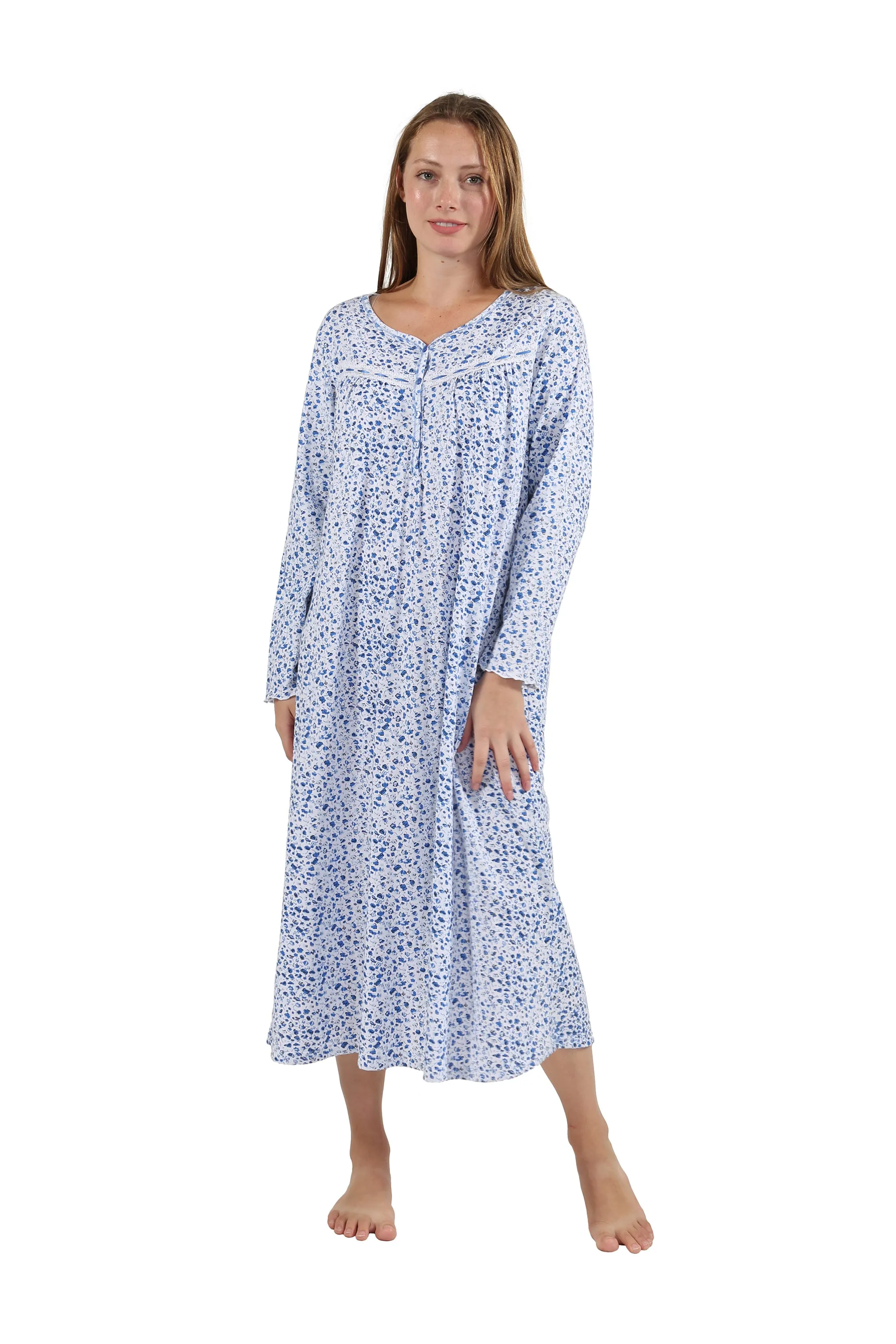 100% Cotton Blue Mini Floral Cotton Knit Gown