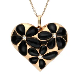 18ct Rose Gold Whitby Jet 0.05 Carat Diamond Large Heart Pendant