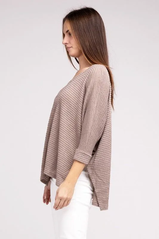 3/4 Sleeve V-Neck Hi-Low Hem Jacquard Sweater