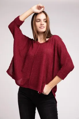 3/4 Sleeve V-Neck Hi-Low Hem Jacquard Sweater