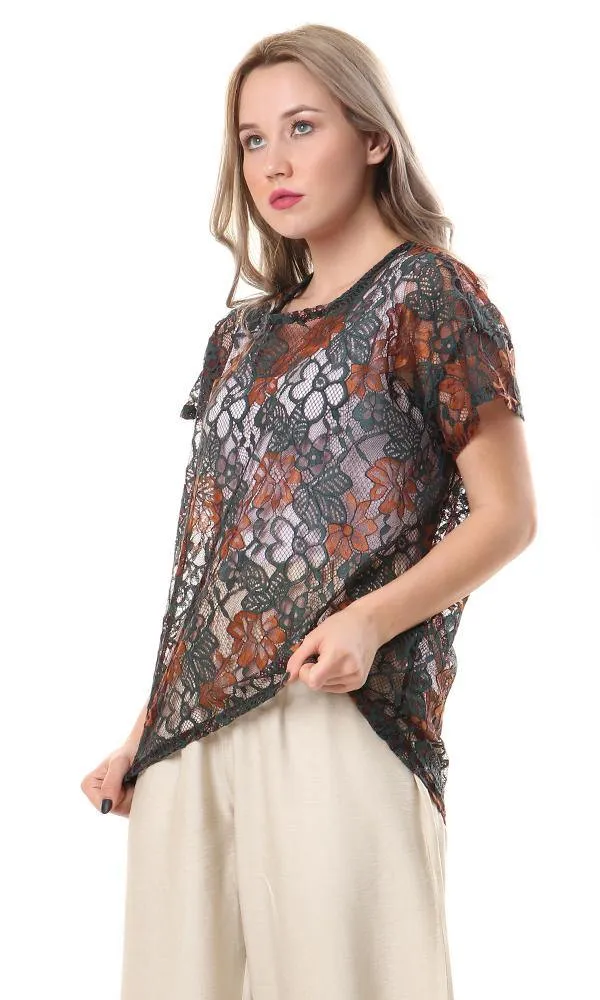 57952 Bi-Tone Perforated Lace Tee - Burnt Orange & Dark Green