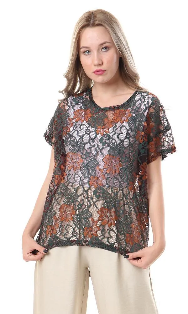 57952 Bi-Tone Perforated Lace Tee - Burnt Orange & Dark Green