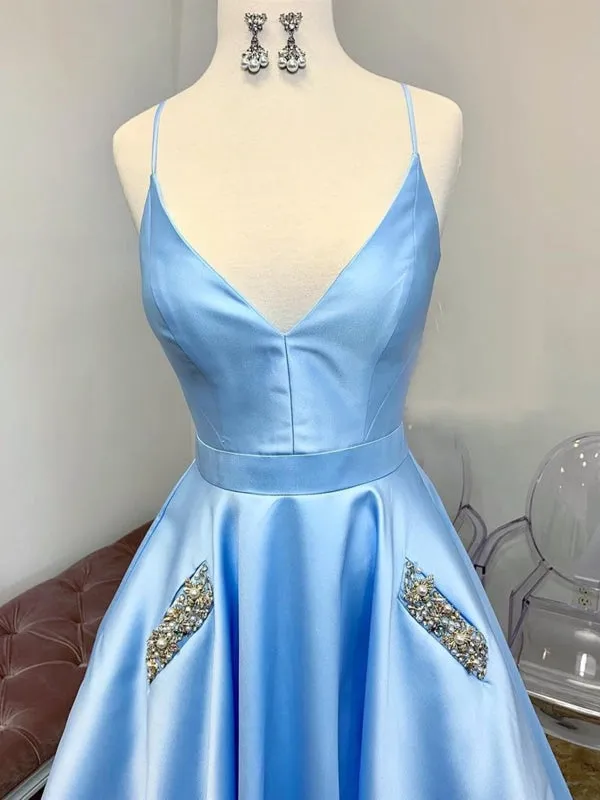 A Line V Neck Light Blue Satin Long Prom with Pocket, V Neck Light Blue Formal Evening