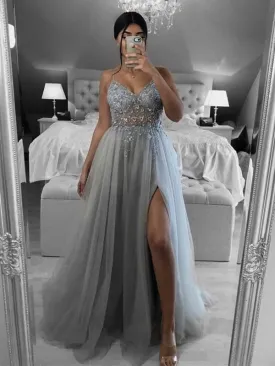 A Line V Neck Open Back Beaded Gray Long Prom, Backless Gray Formal, Gray Evening