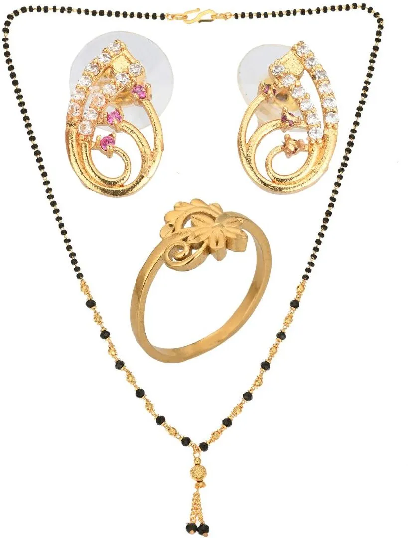 AanyaCentric Gold-plated Jewelry Combo: Elegant Short Mangalsutra, Finger Ring, and American Diamond Earrings Set