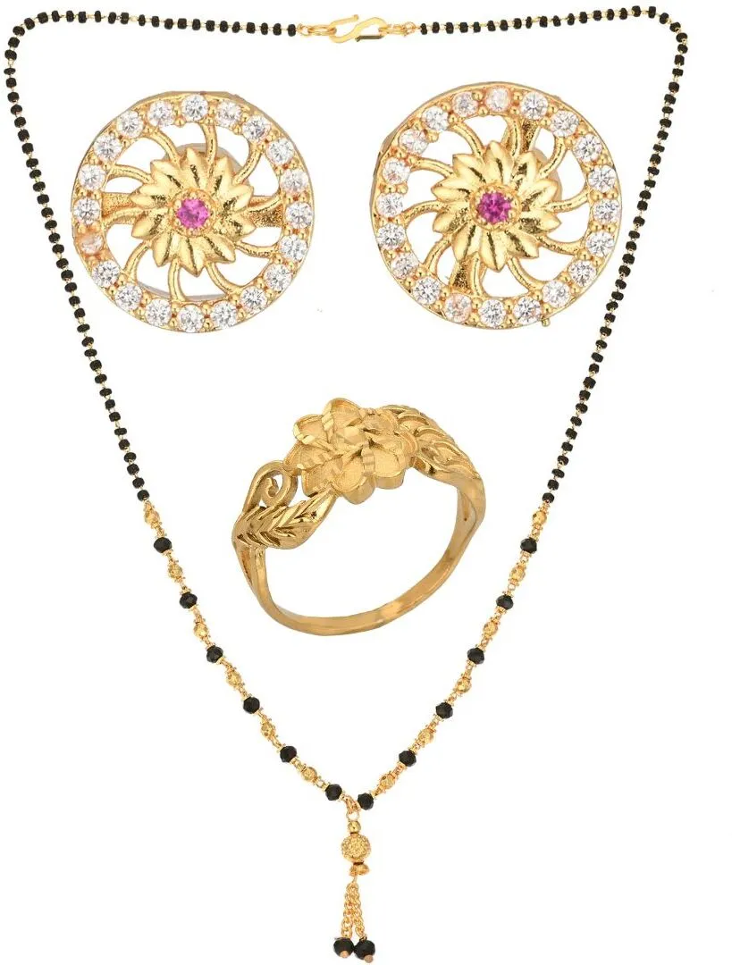 AanyaCentric Gold-plated Jewelry Combo: Elegant Short Mangalsutra, Finger Ring, and American Diamond Earrings Set