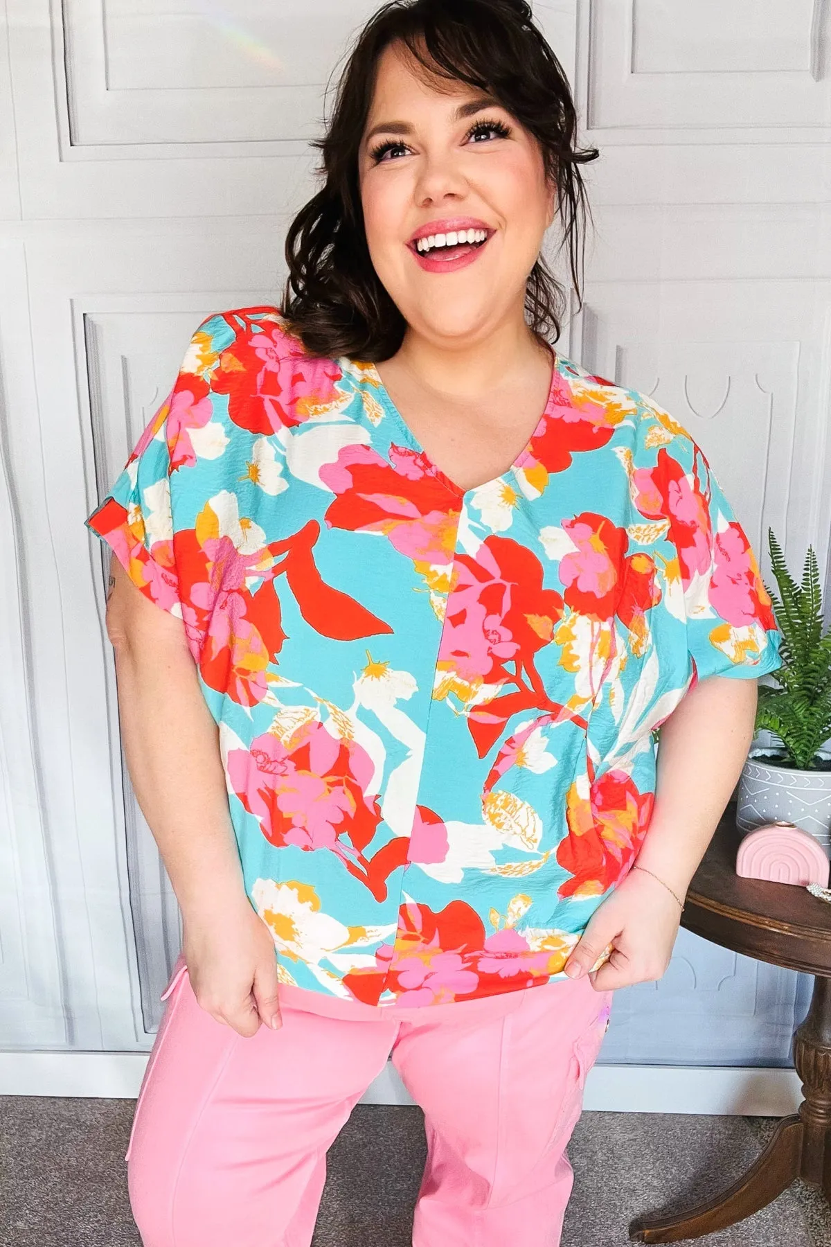 Aqua & Coral Floral V Neck Woven Top