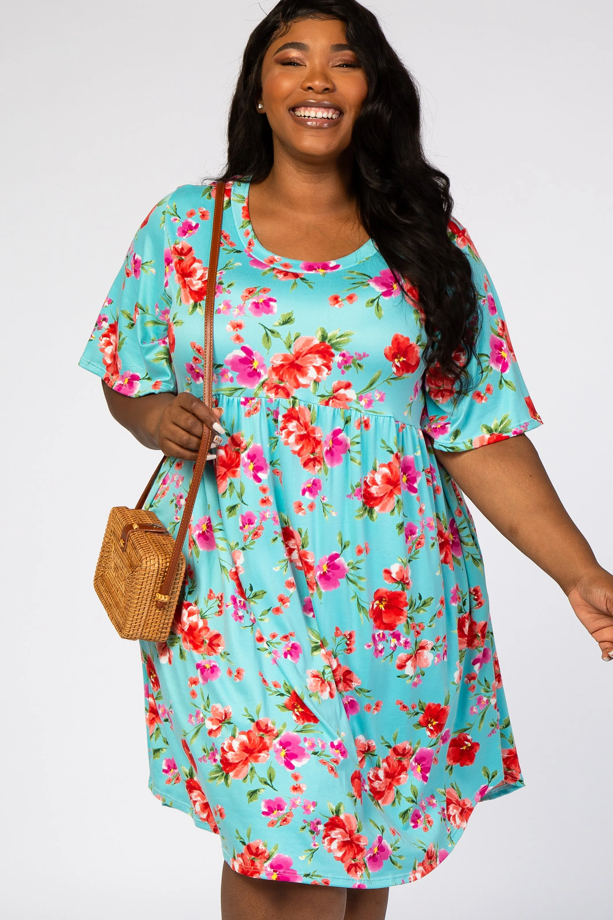 Aqua Floral Printed Plus Dress