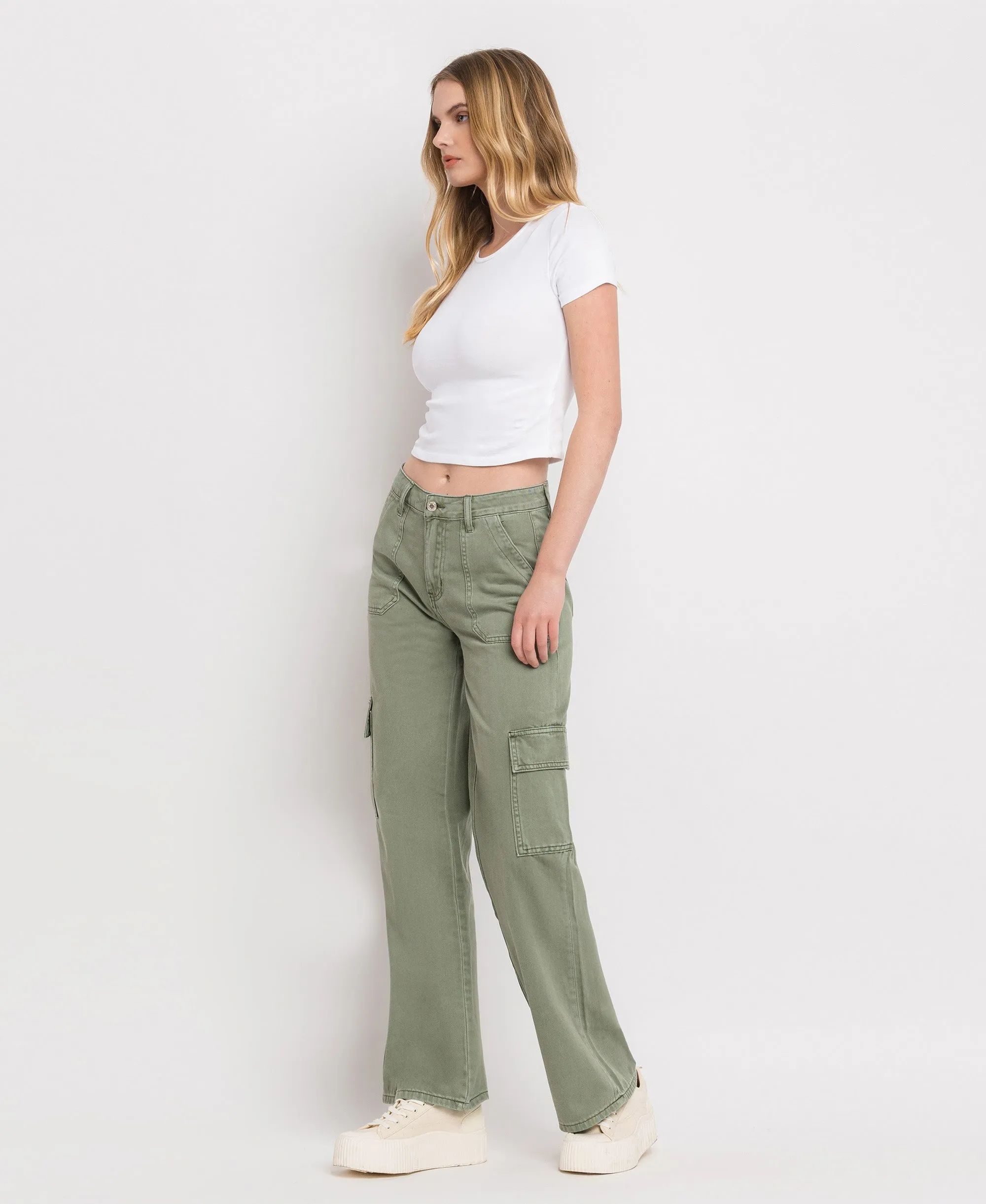 Army Green - High Rise Utility Cargo Wide Leg Jeans