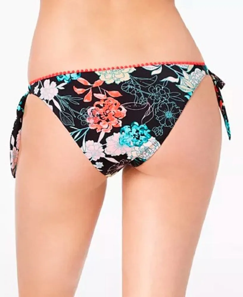 Bar III Women's Side-Tie Bikini Bottoms, Black Floral, XL