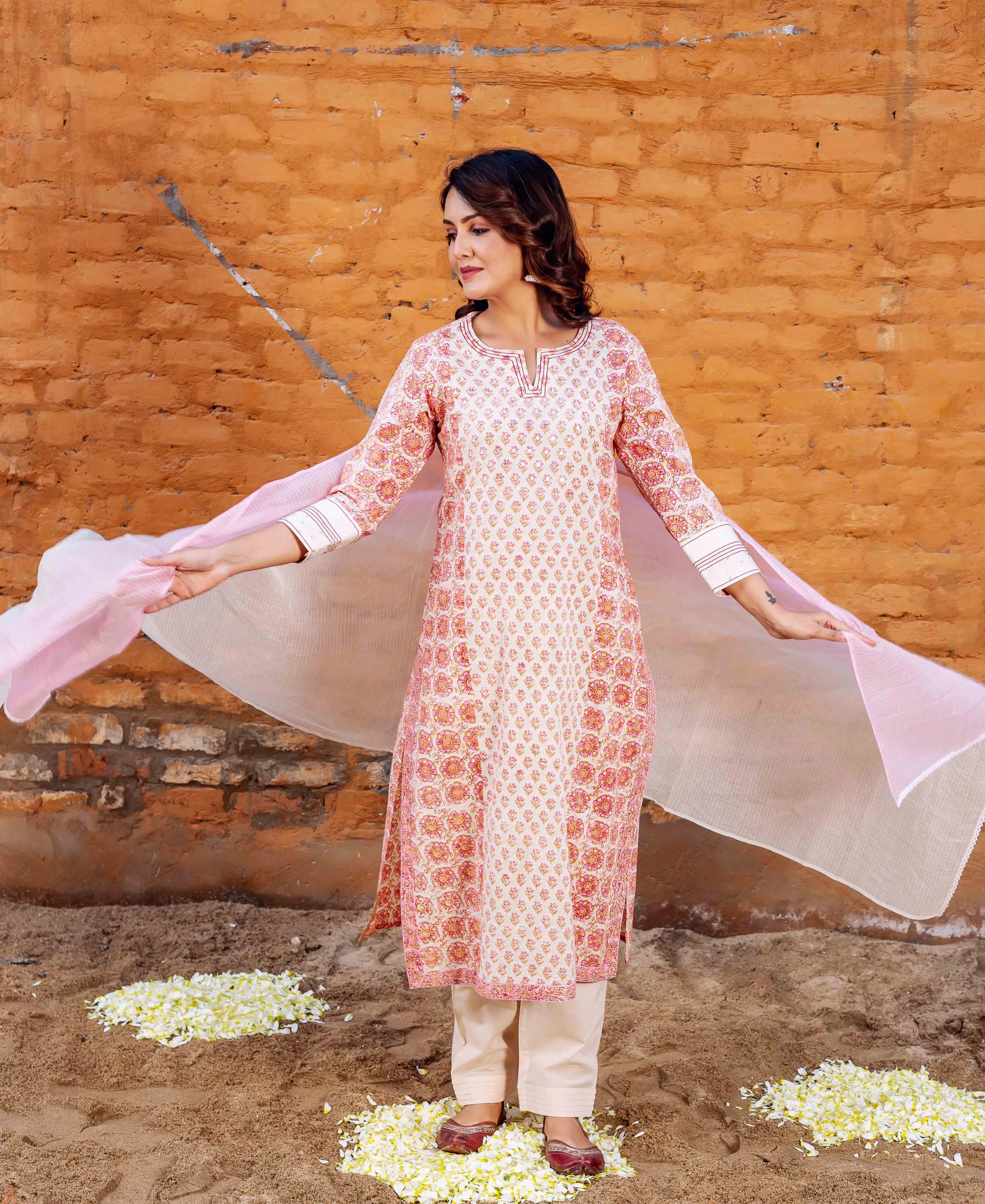 Beige and Peach Hand Block Printed Cotton Dupatta