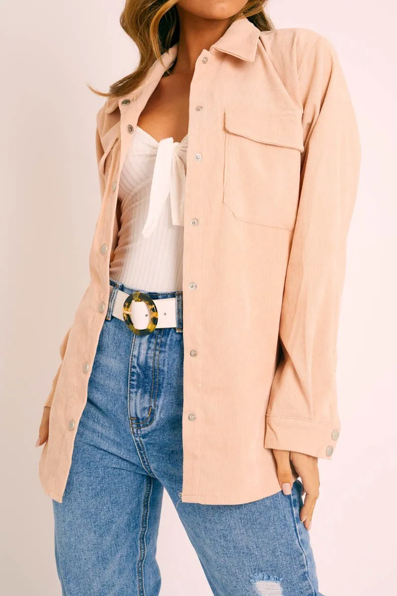 Beige Oversized Utility Pocket Corduroy Shirt - Aaliah