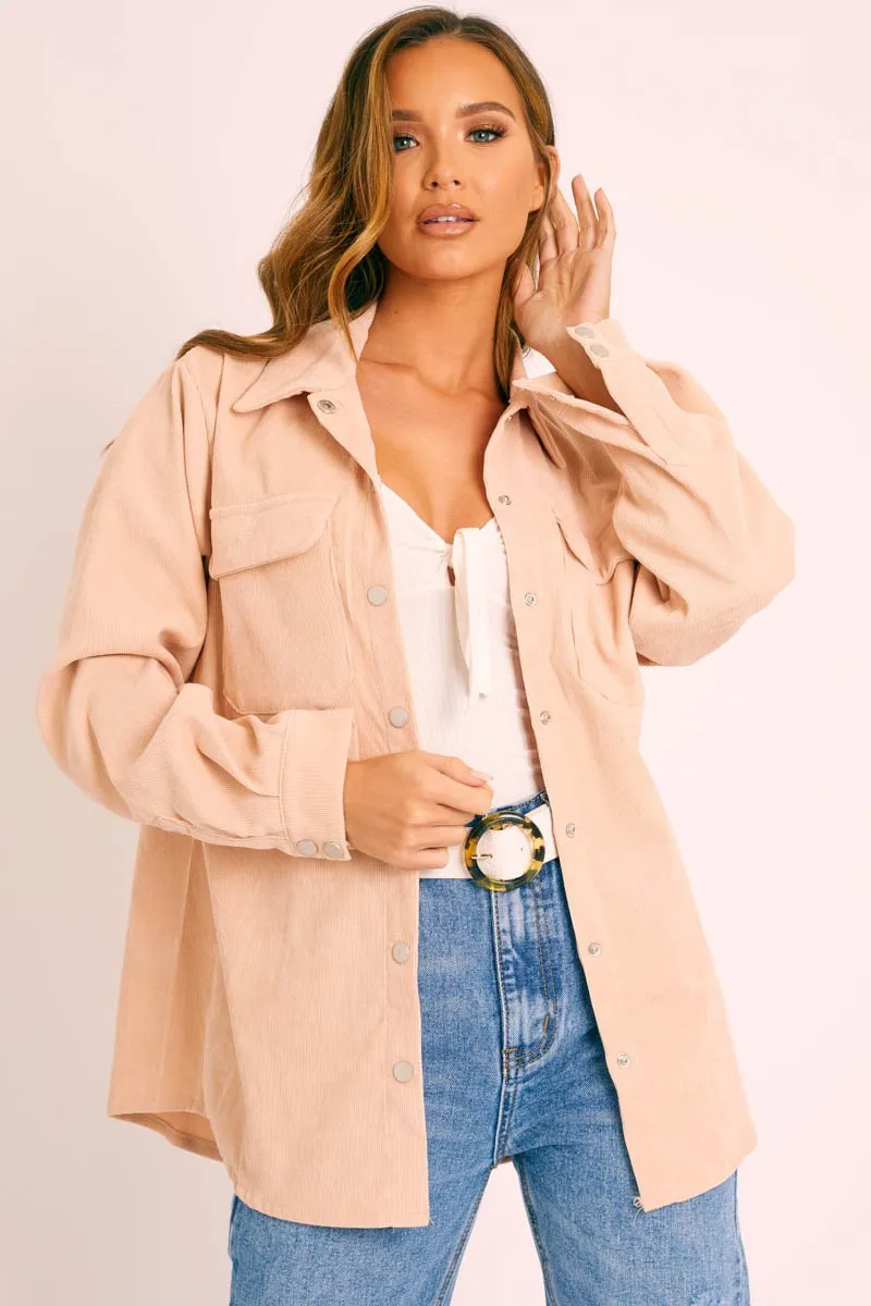 Beige Oversized Utility Pocket Corduroy Shirt - Aaliah