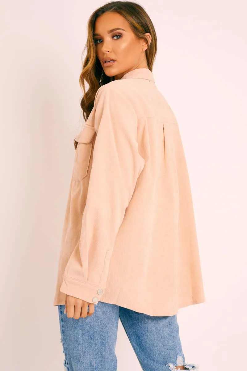 Beige Oversized Utility Pocket Corduroy Shirt - Aaliah