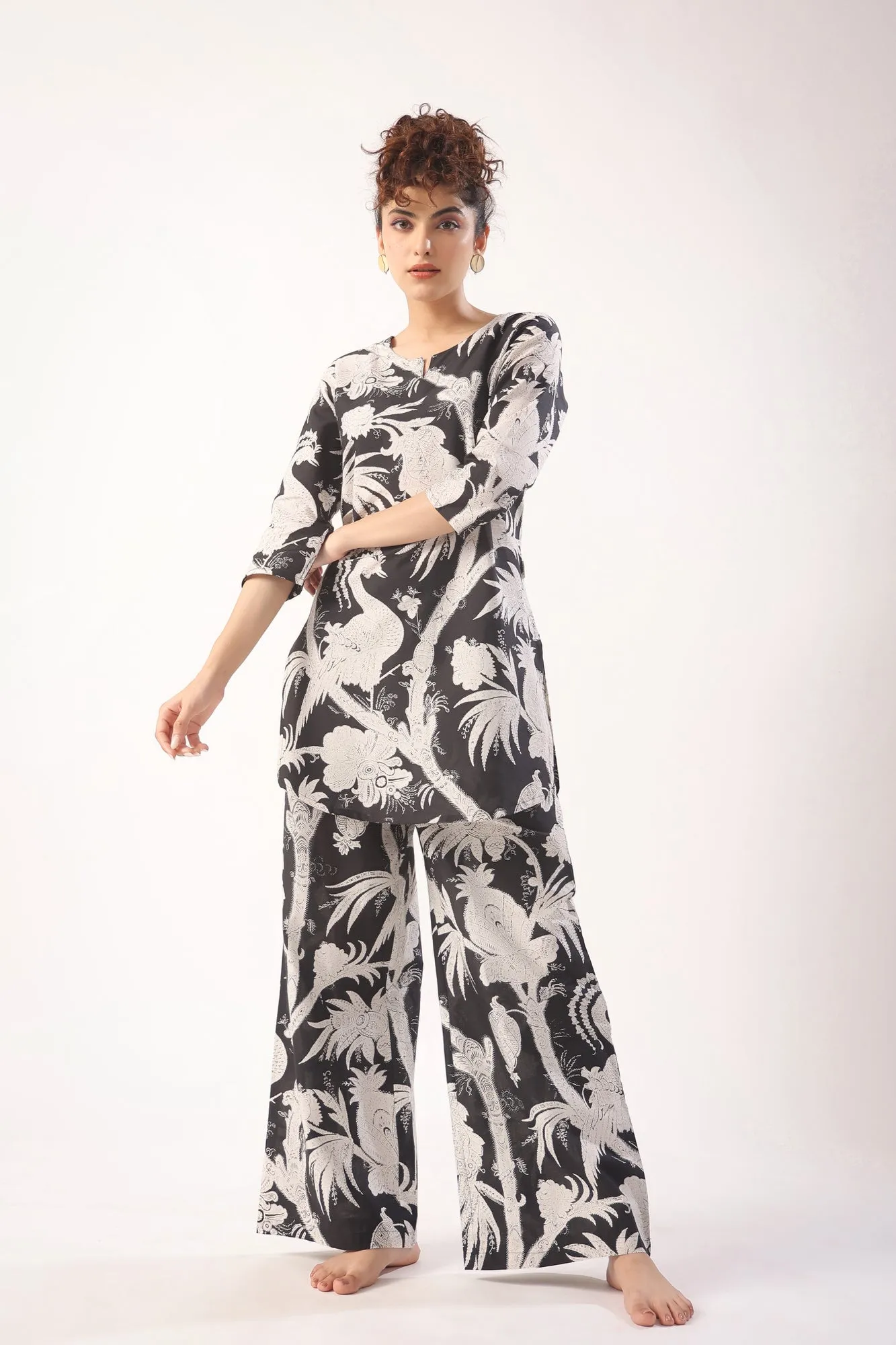 Bird Print On Black Lounge Coordinate Set