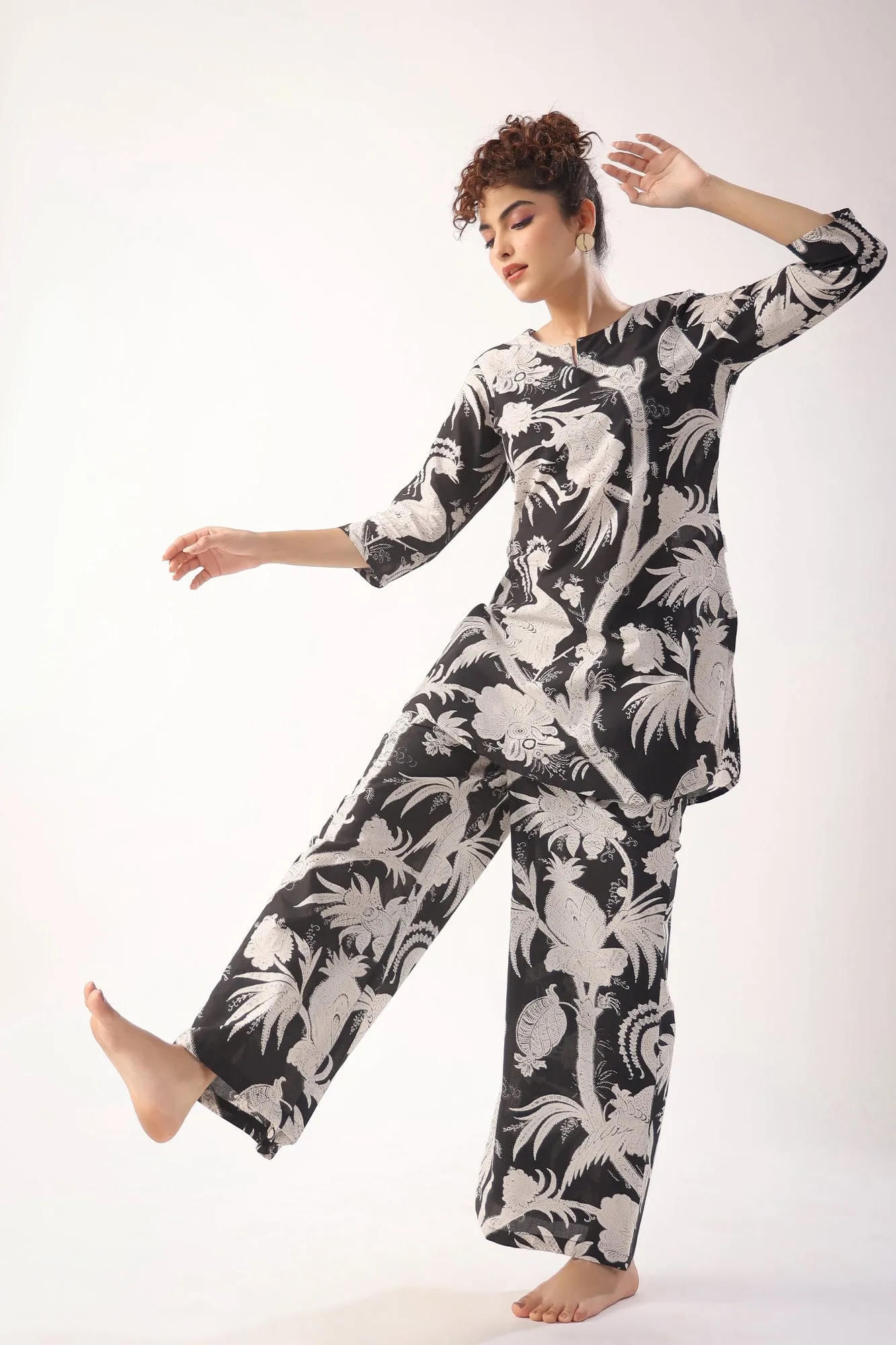 Bird Print On Black Lounge Coordinate Set