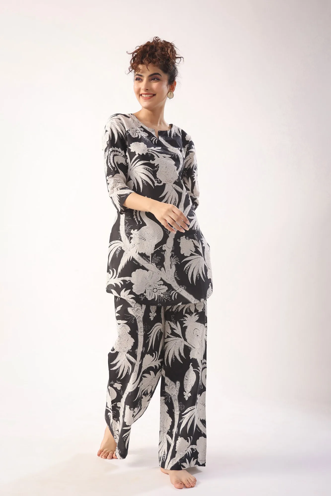 Bird Print On Black Lounge Coordinate Set