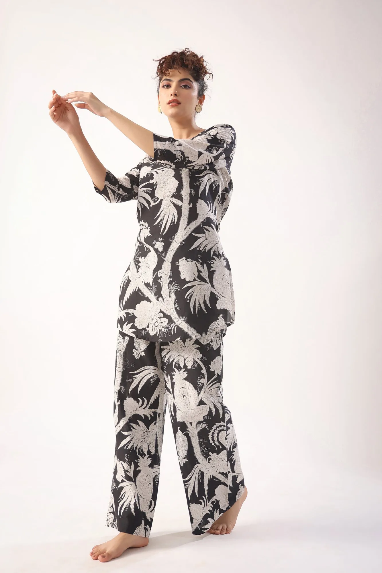 Bird Print On Black Lounge Coordinate Set