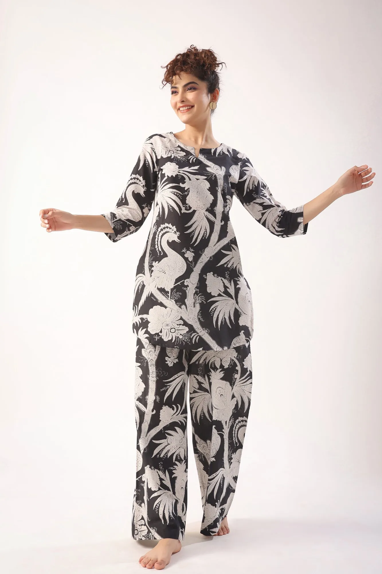 Bird Print On Black Lounge Coordinate Set