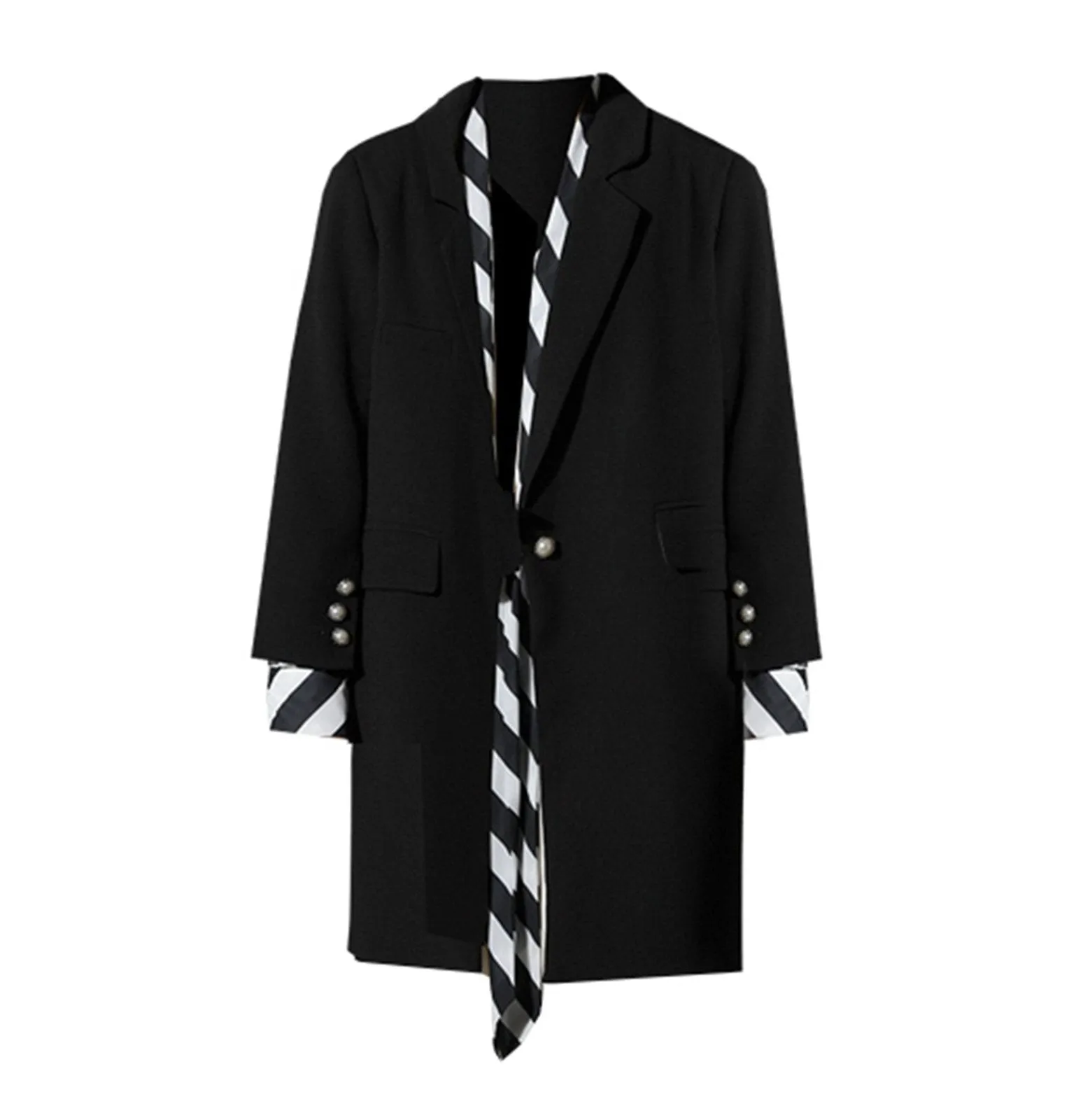 Black Button Blazer Coat & Striped Scarf