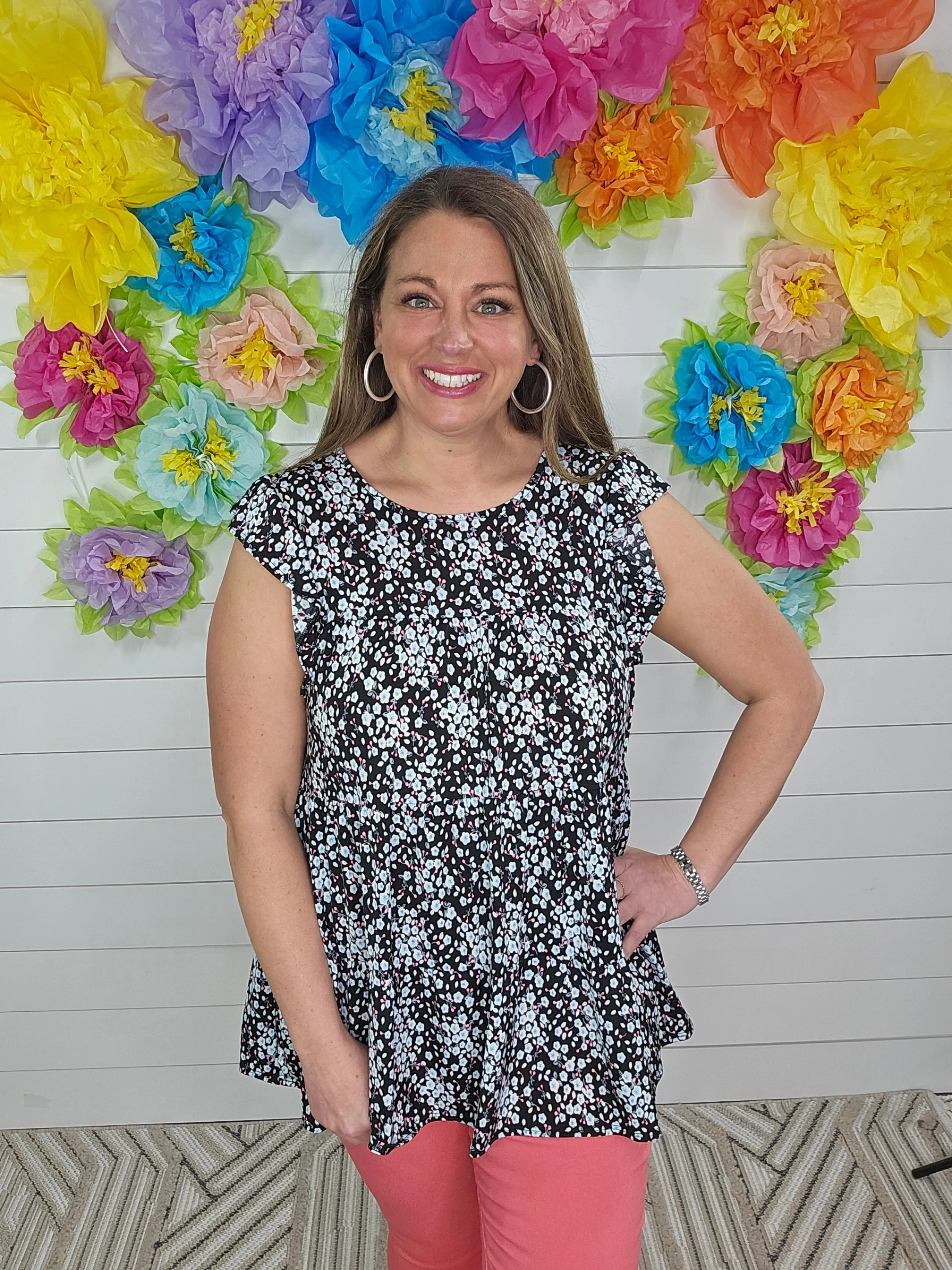 BLACK/HOT PINK FLORAL TIERED TOP