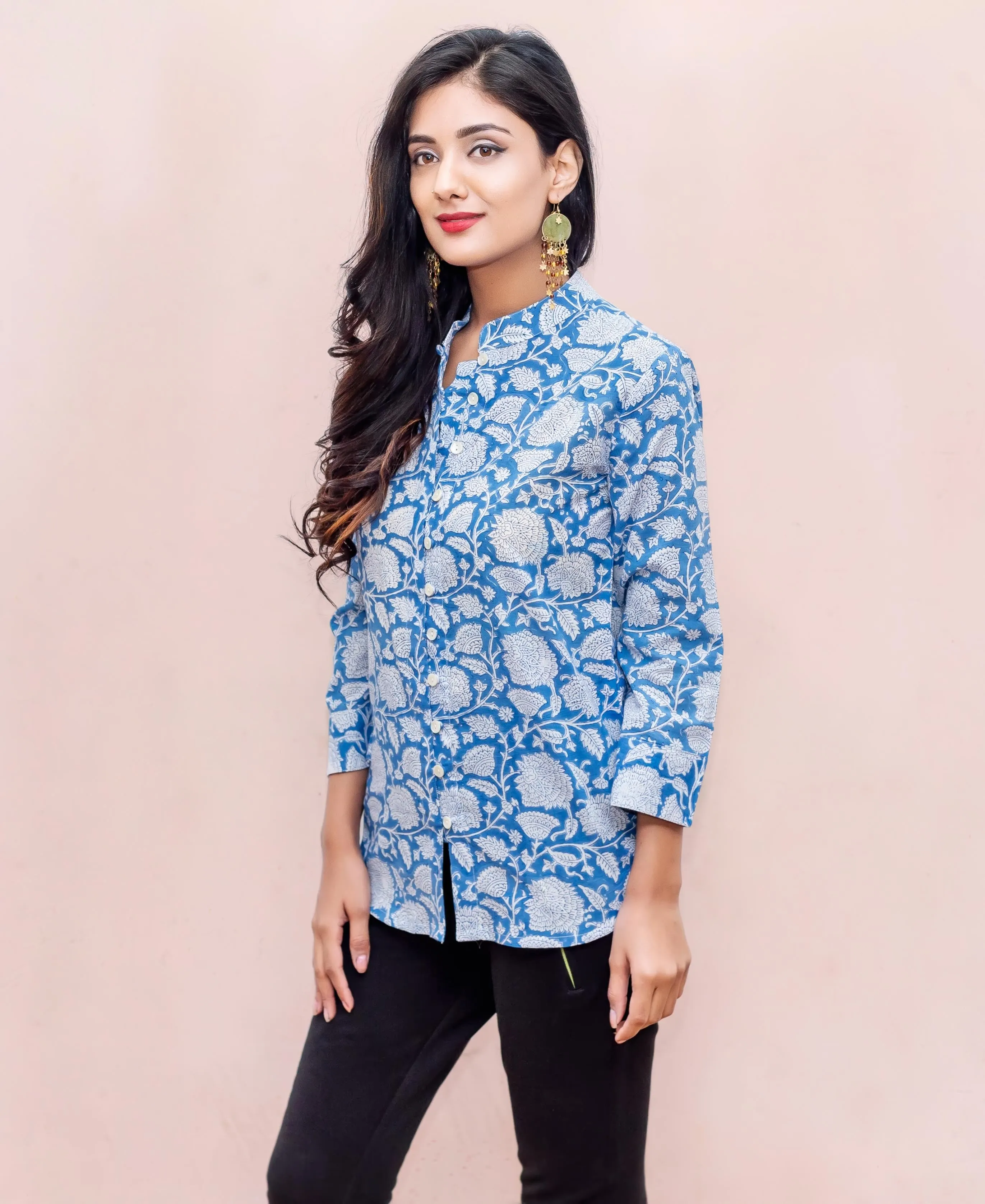 Blue and White Button Down Block Printed Cotton Top