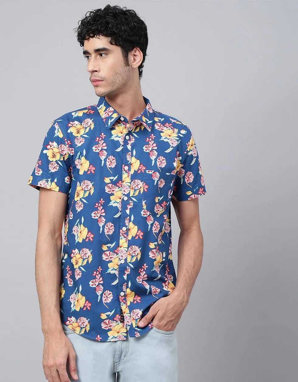 Blue Floral Printed Casual Shirt