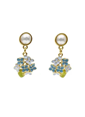 Blue Flower Dangle With Pearls Stud Earrings LE022