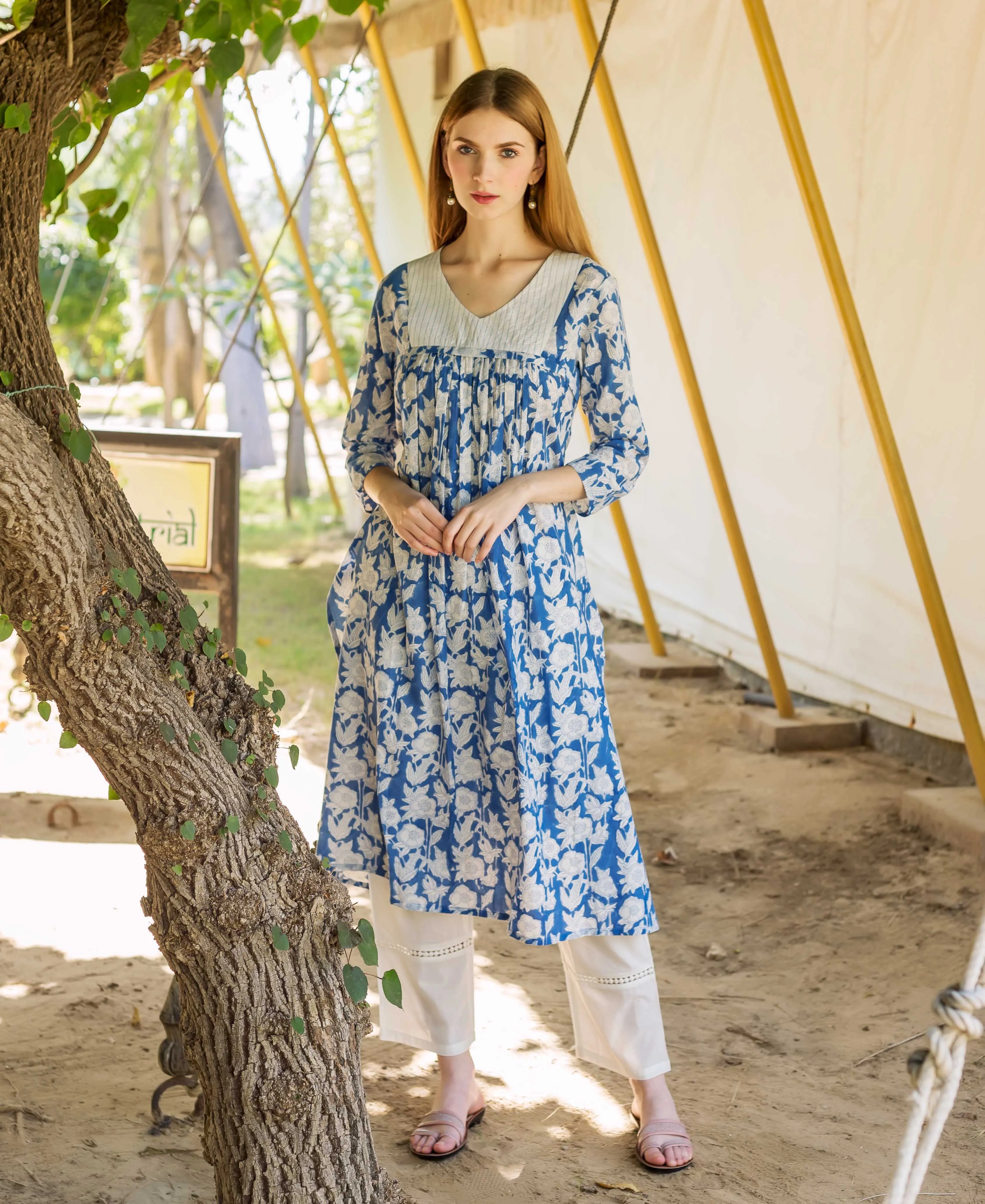 Blue Hand Block Printed Maternal and Nursing Kurta (1Pc.)