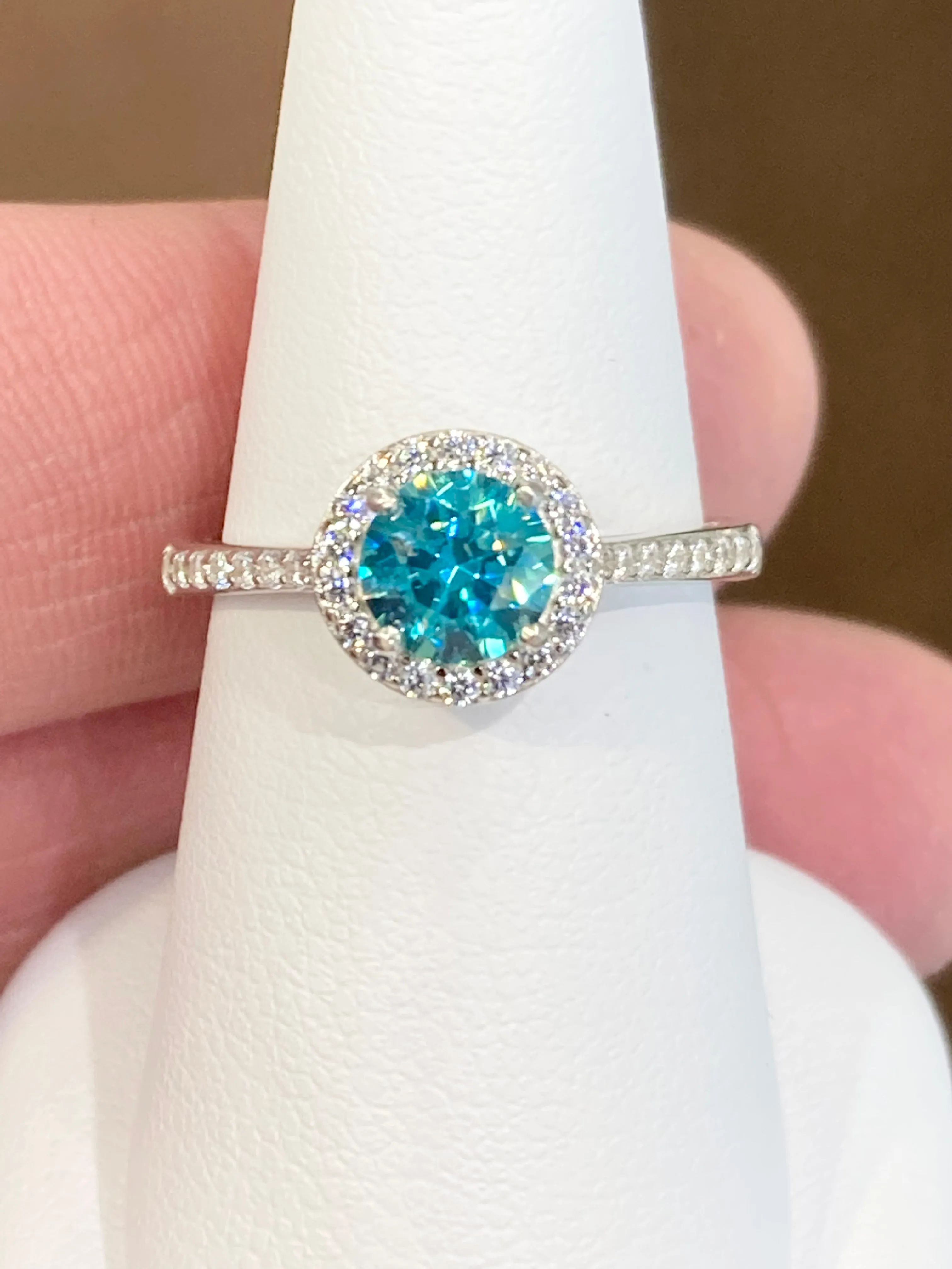 Blue Swarovski Zirconia Silver Halo Ring