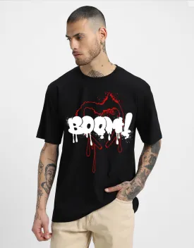 Boom Black Oversized  Chest Typographic Printed Tshirt