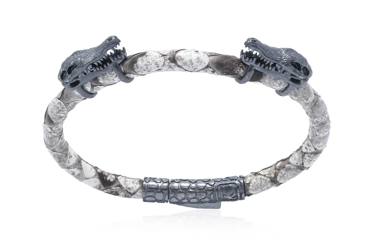 Bracelet LivingSkull Men Python Leather & Two Cocodrile Skulls