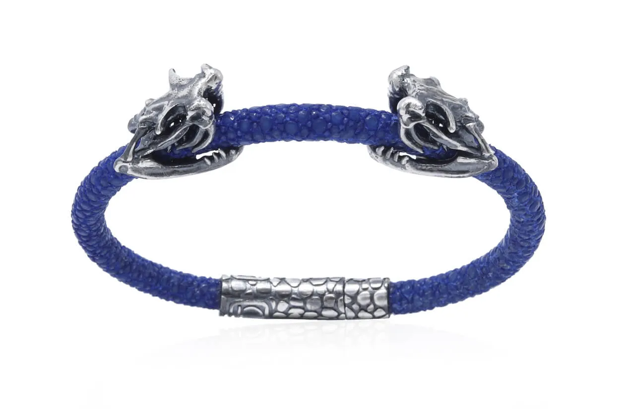 Bracelet LivingSkull Men Stingray Leather & Two Silver Viper Skulls