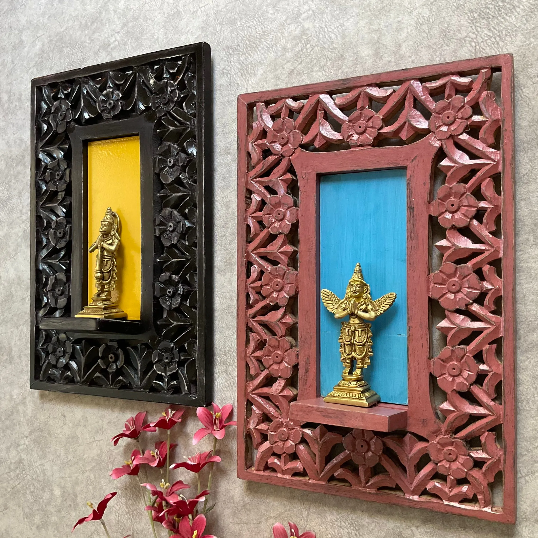 Brass Hanumanji and Garuda Idol With Distressed Frame Wooded Wall Hanging (Set of 4) - Wall Decor for Living Room