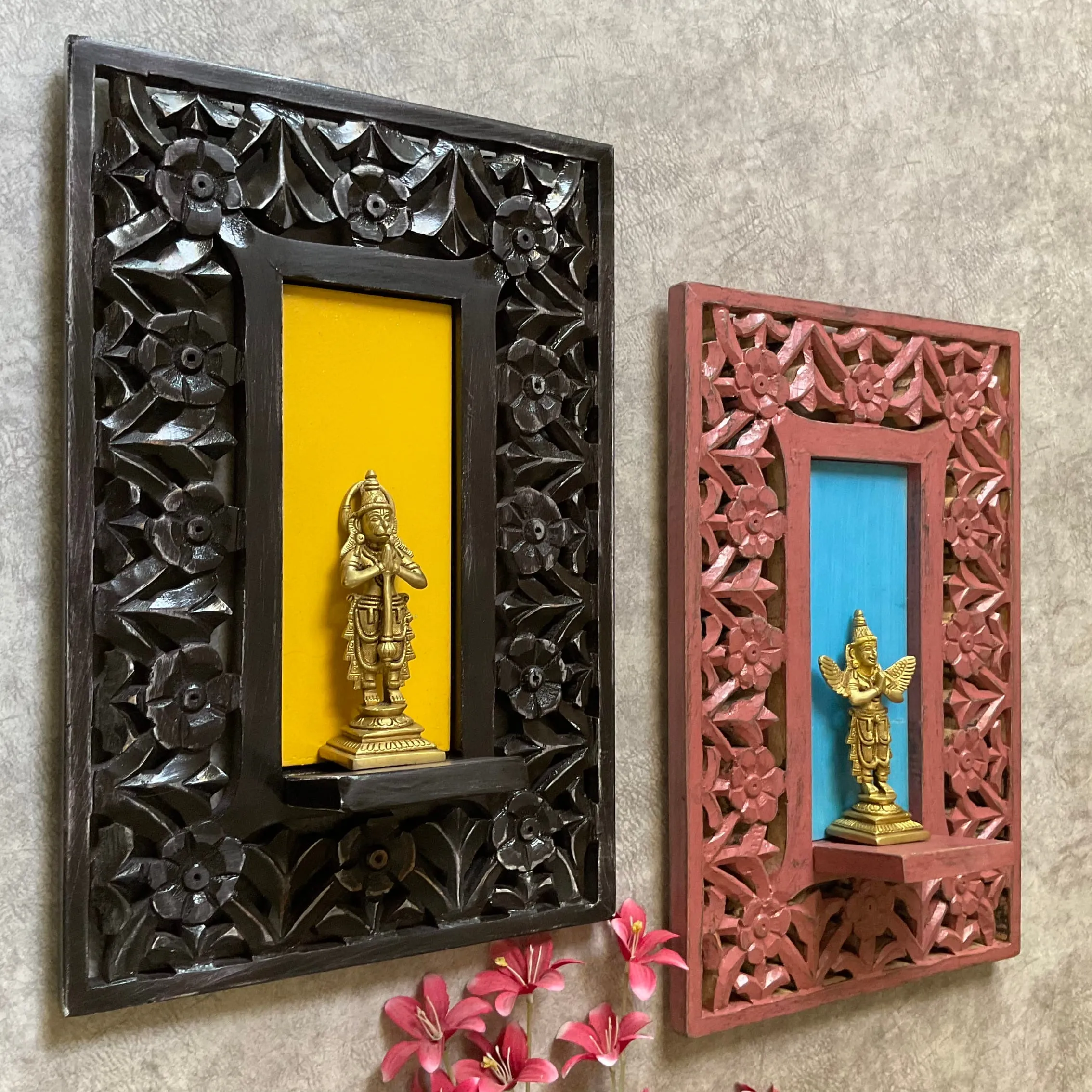 Brass Hanumanji and Garuda Idol With Distressed Frame Wooded Wall Hanging (Set of 4) - Wall Decor for Living Room