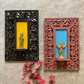 Brass Hanumanji and Garuda Idol With Distressed Frame Wooded Wall Hanging (Set of 4) - Wall Decor for Living Room