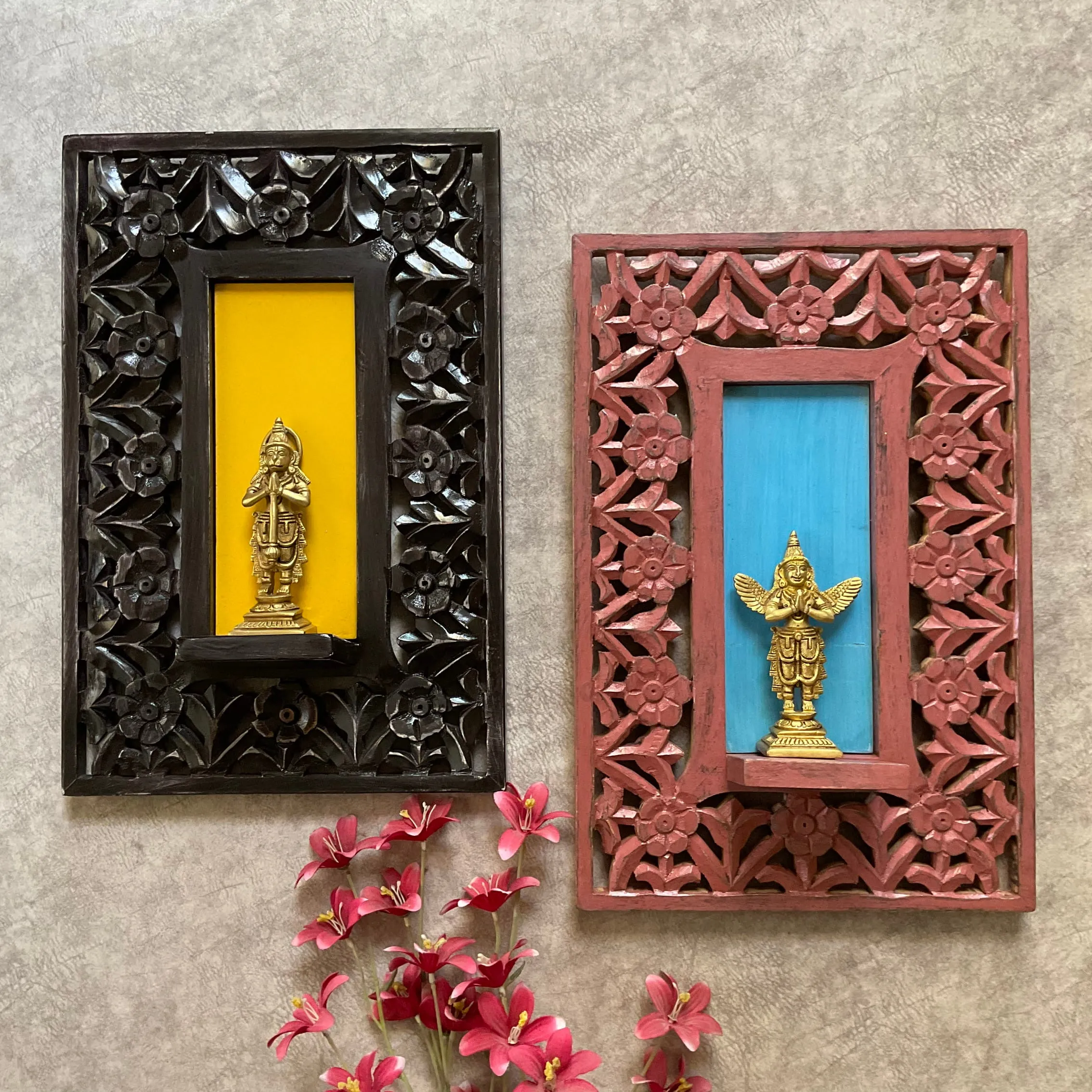 Brass Hanumanji and Garuda Idol With Distressed Frame Wooded Wall Hanging (Set of 4) - Wall Decor for Living Room