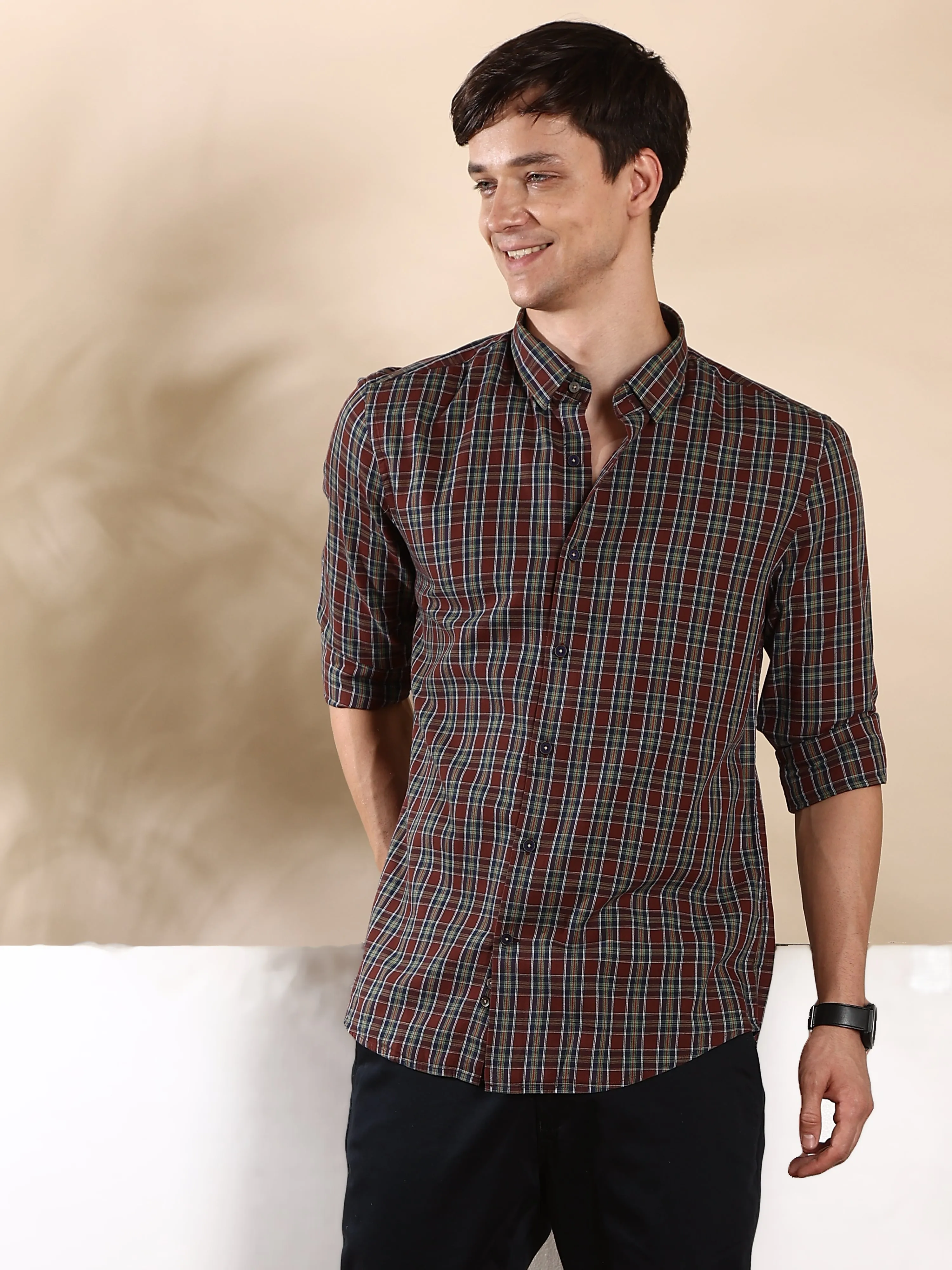 Brown Navy Shield Semi Casual Shirt