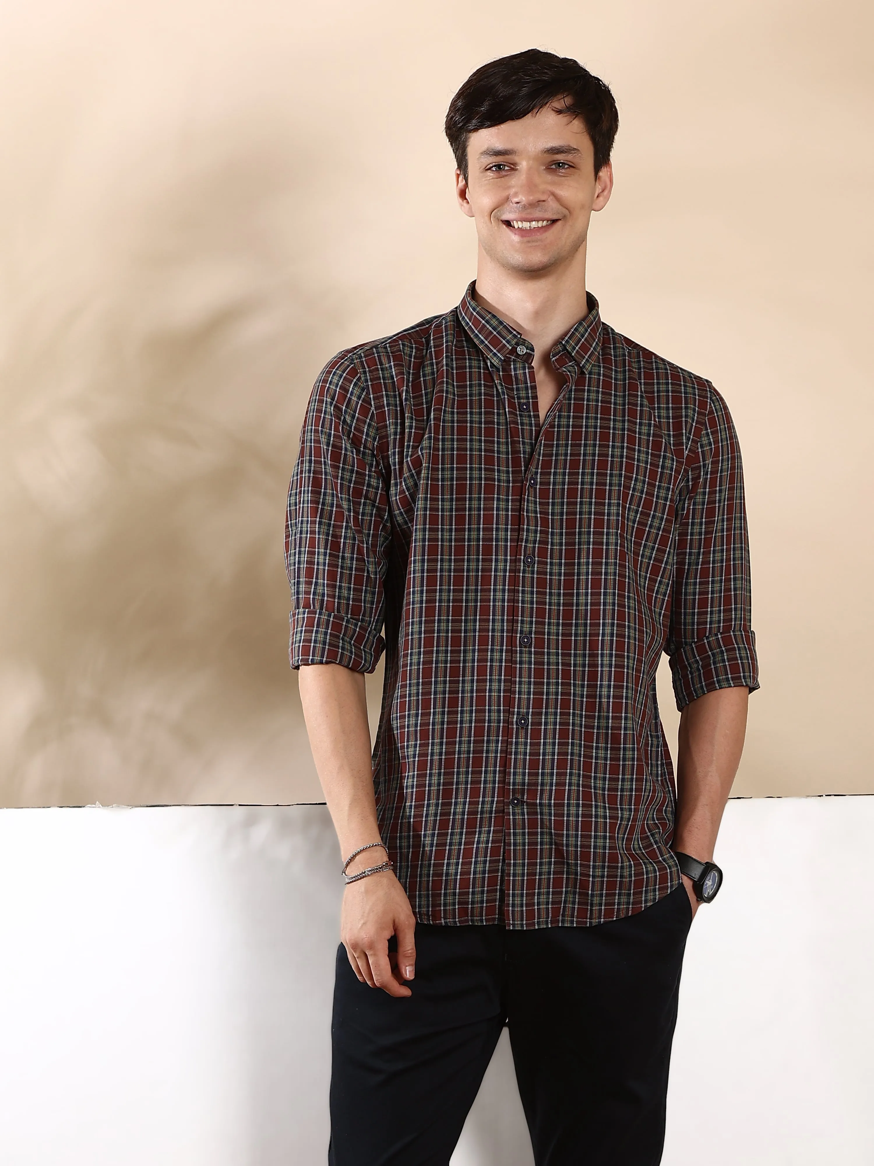 Brown Navy Shield Semi Casual Shirt