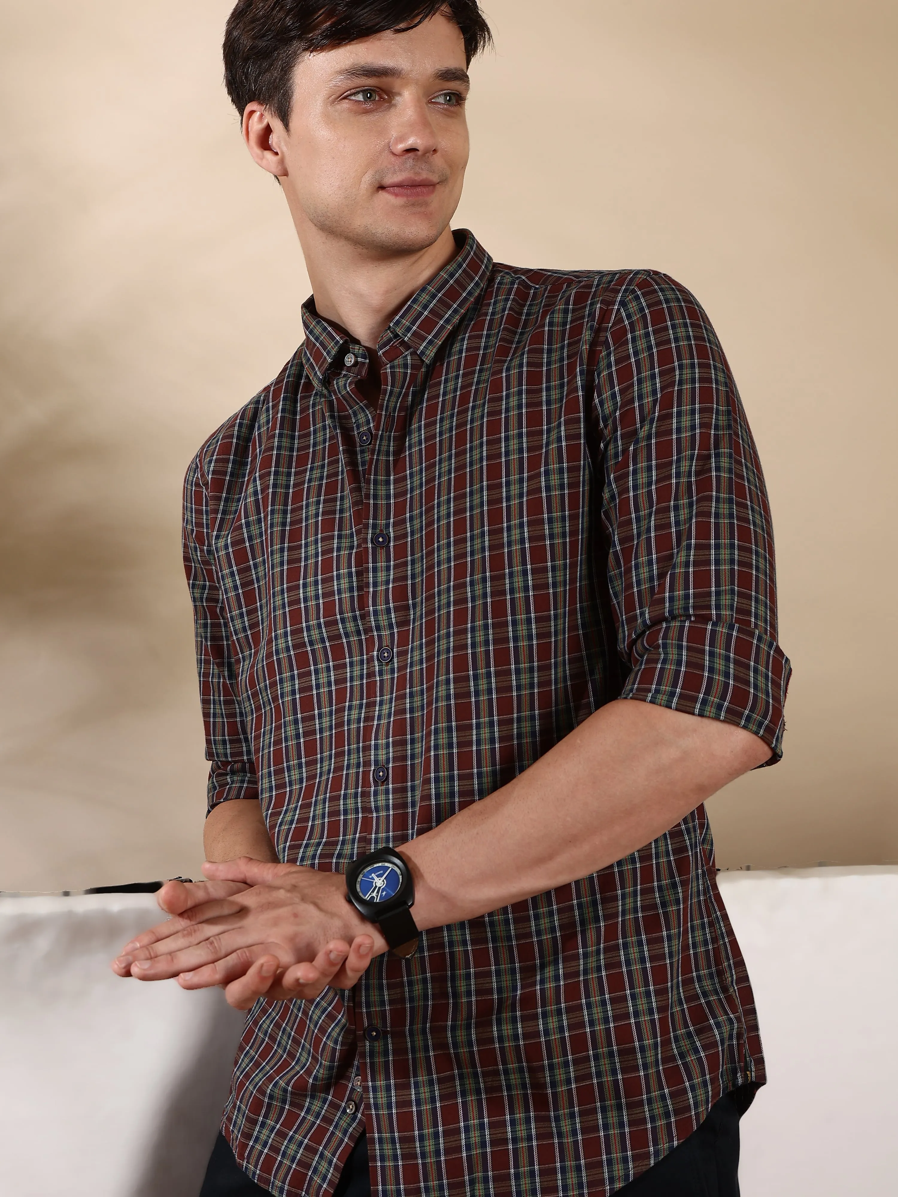 Brown Navy Shield Semi Casual Shirt