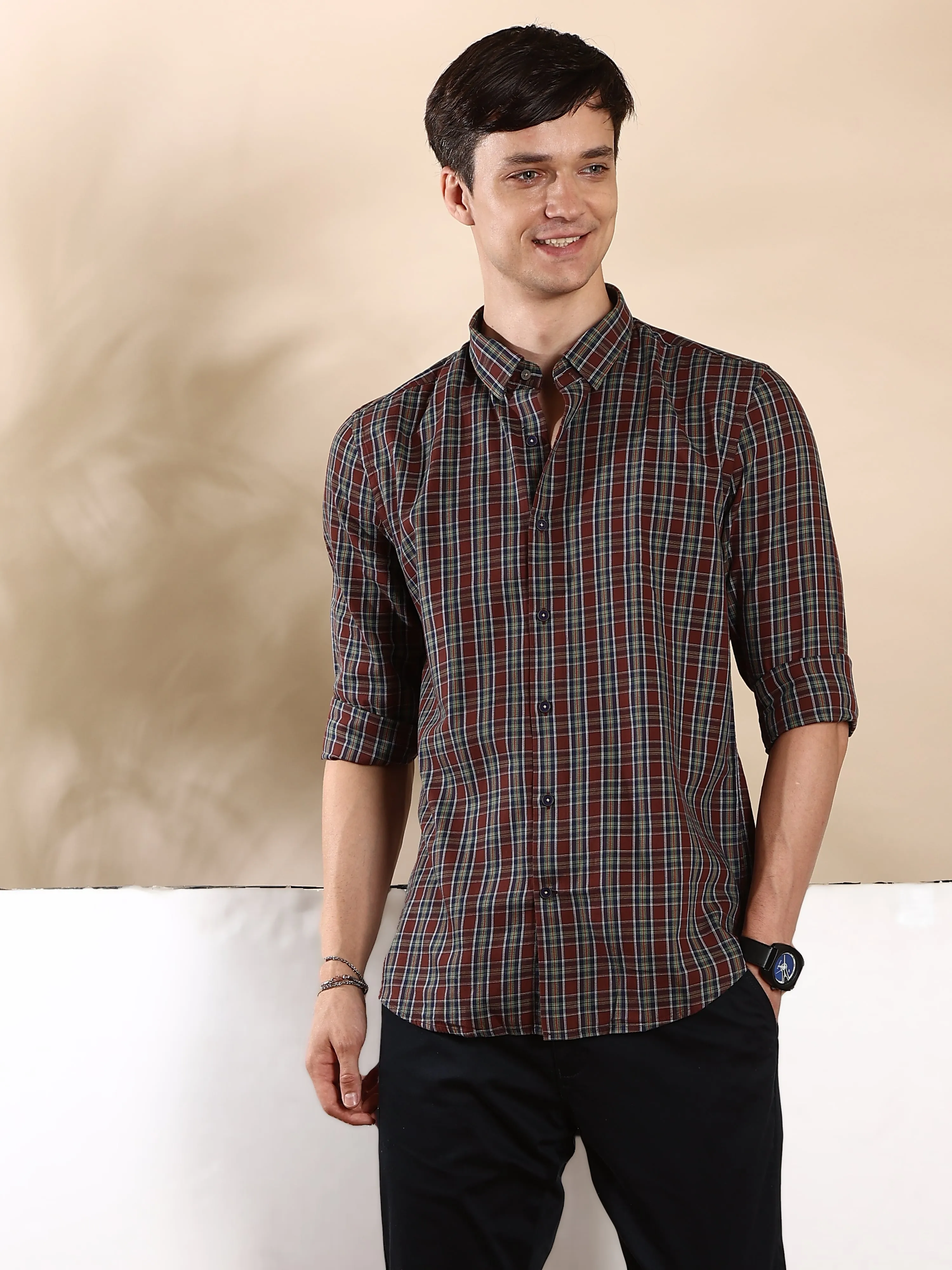 Brown Navy Shield Semi Casual Shirt