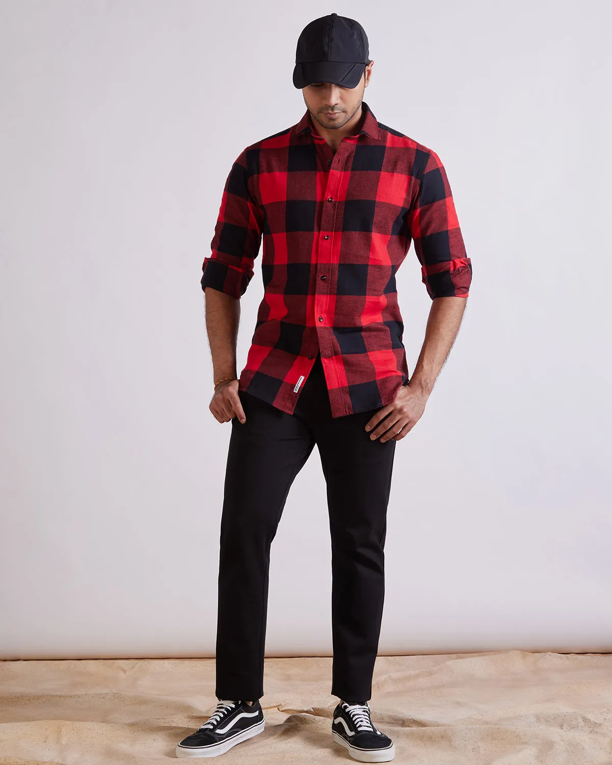 Brushed Twill Checked Shirt - Red