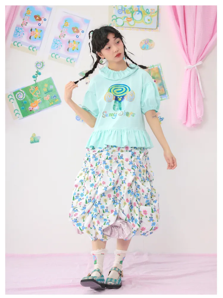 Bubble Sleeve Short Colourful Printed T-Shirt【s0000009542】