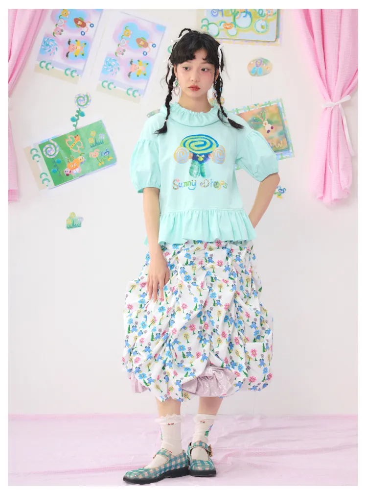 Bubble Sleeve Short Colourful Printed T-Shirt【s0000009542】