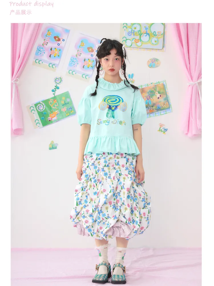 Bubble Sleeve Short Colourful Printed T-Shirt【s0000009542】