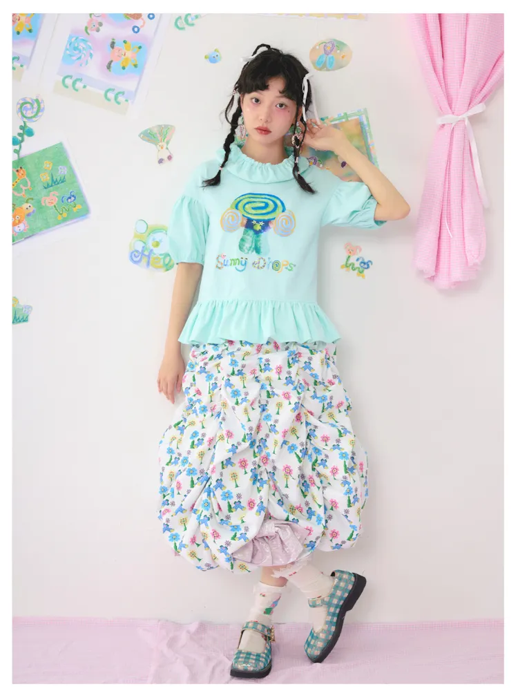 Bubble Sleeve Short Colourful Printed T-Shirt【s0000009542】