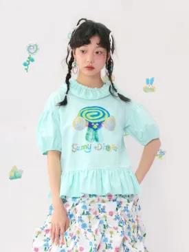 Bubble Sleeve Short Colourful Printed T-Shirt【s0000009542】