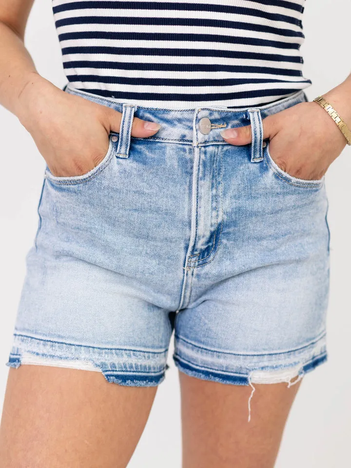 Cadence High Rise Distressed Hem Denim Shorts